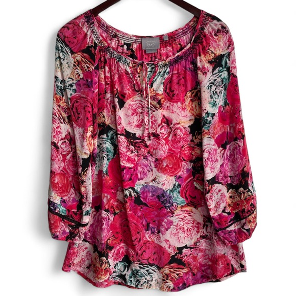 Vanessa Virginia Pink Rose Peasant‎ Blouse 100% Silk Medium Print Anthropologie - Picture 4 of 12